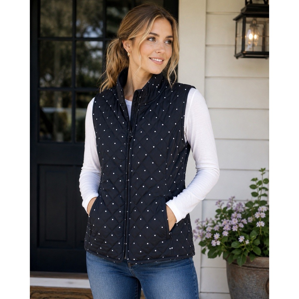 Talbots Black White Quilted Polka Dot Zip Pockets Mid-Length Women's Vest Size m